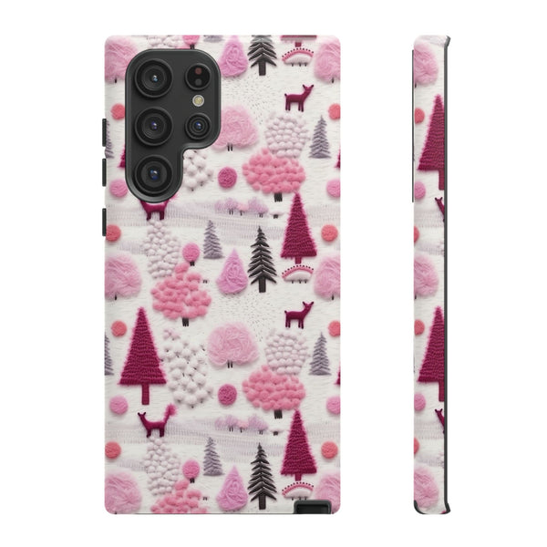 Pink Winter Woodland Aesthetic Embroidery Phone Case for iPhone, Samsung, Pixel