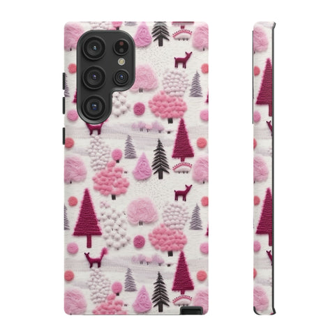 Pink Winter Woodland Aesthetic Embroidery Phone Case for iPhone, Samsung, Pixel
