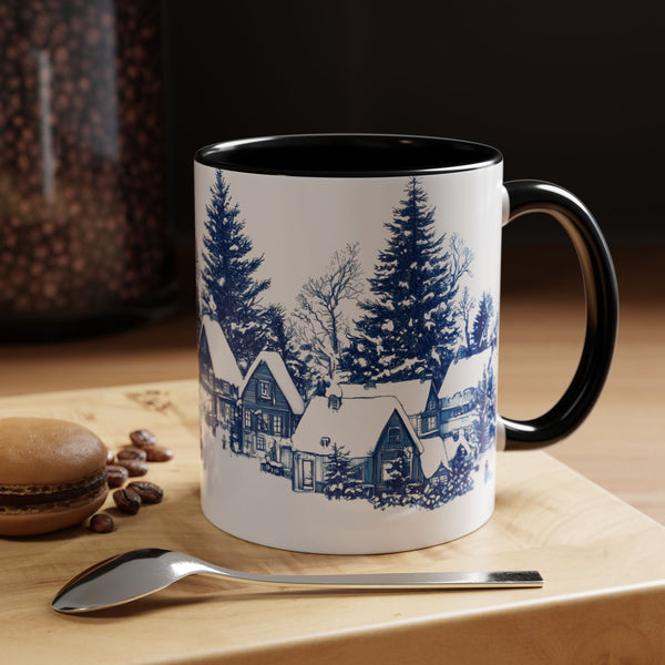 Blue Snowy Winter Village Mug - Holiday Christmas Art Cup for Coffee, Tea, Hot Cocoa