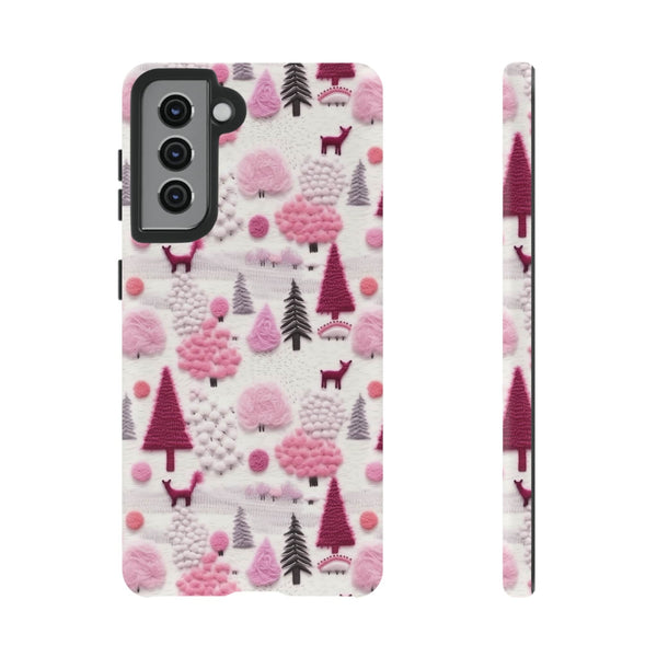 Pink Winter Woodland Aesthetic Embroidery Phone Case for iPhone, Samsung, Pixel
