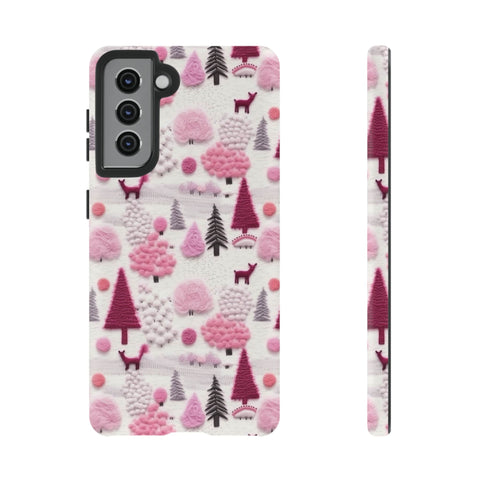 Pink Winter Woodland Aesthetic Embroidery Phone Case for iPhone, Samsung, Pixel