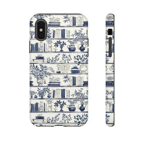 Bookshelf Phone Case - Blue and White Floral Books Protective Cover for iPhone, Samsung, Pixel