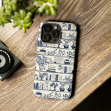 Bookshelf Phone Case - Blue and White Floral Books Protective Cover for iPhone, Samsung, Pixel