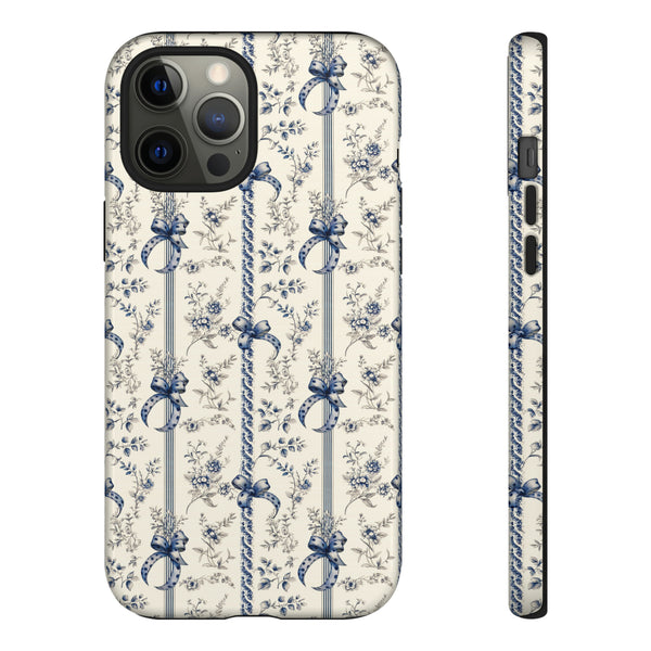 Blue Bow Phone Case - Vintage Floral Preppy Protective Phone Cover for iPhone, Samsung, Pixel