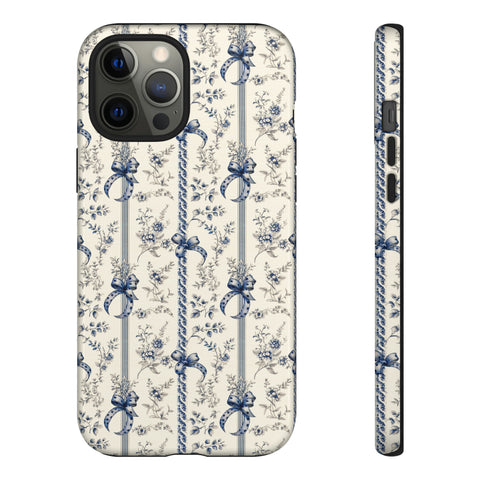 Blue Bow Phone Case - Vintage Floral Preppy Protective Phone Cover for iPhone, Samsung, Pixel