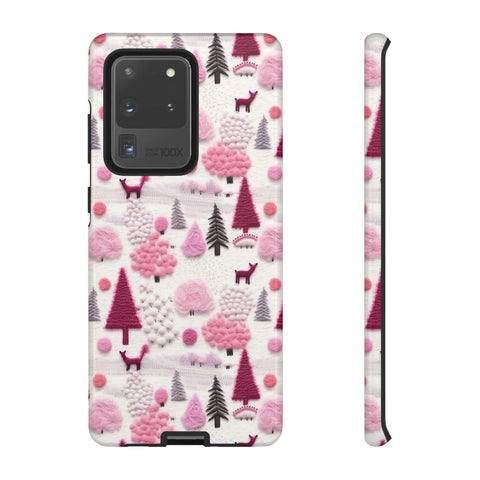 Pink Winter Woodland Aesthetic Embroidery Phone Case for iPhone, Samsung, Pixel
