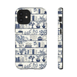 Bookshelf Phone Case - Blue and White Floral Books Protective Cover for iPhone, Samsung, Pixel