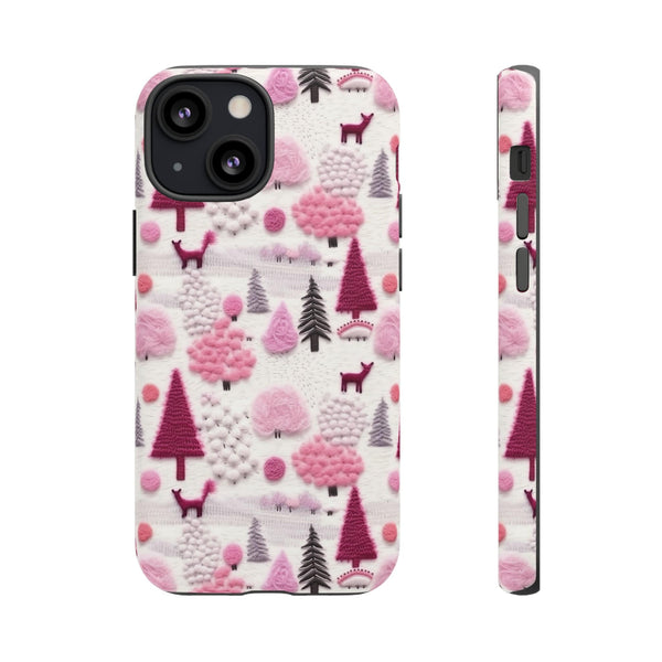 Pink Winter Woodland Aesthetic Embroidery Phone Case for iPhone, Samsung, Pixel