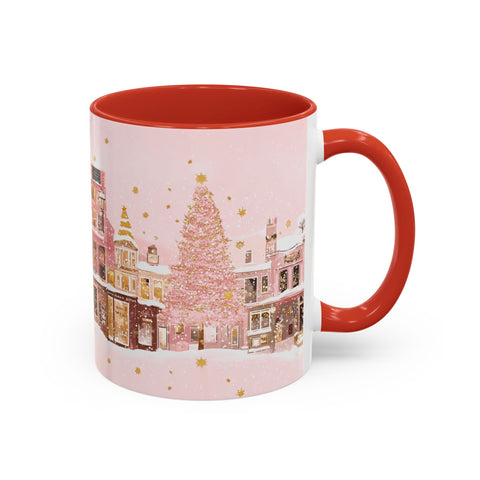Pink Christmas Town Mug - Festive Holiday Village Art Cup for Coffee, Tea, Hot Chocolate