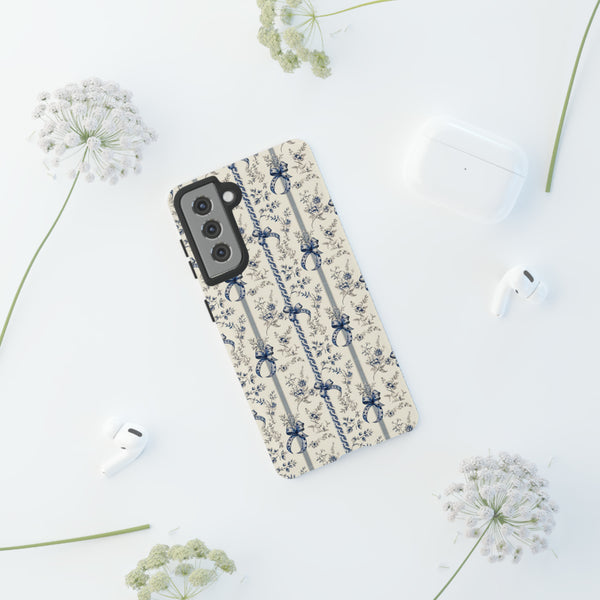 Blue Bow Phone Case - Vintage Floral Preppy Protective Phone Cover for iPhone, Samsung, Pixel