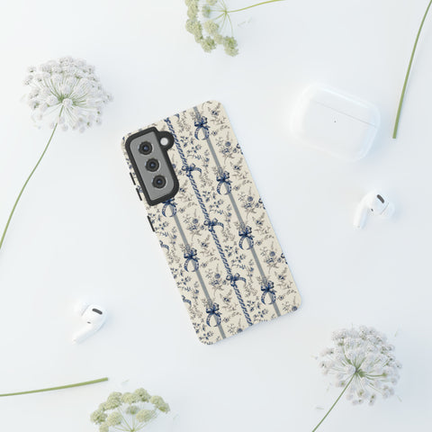 Blue Bow Phone Case - Vintage Floral Preppy Protective Phone Cover for iPhone, Samsung, Pixel