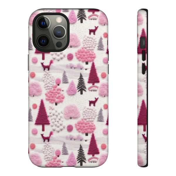 Pink Winter Woodland Aesthetic Embroidery Phone Case for iPhone, Samsung, Pixel