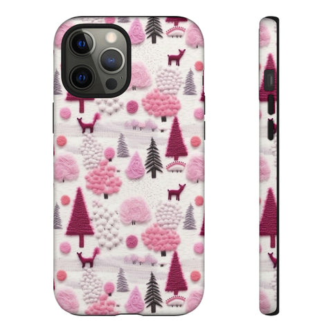 Pink Winter Woodland Aesthetic Embroidery Phone Case for iPhone, Samsung, Pixel