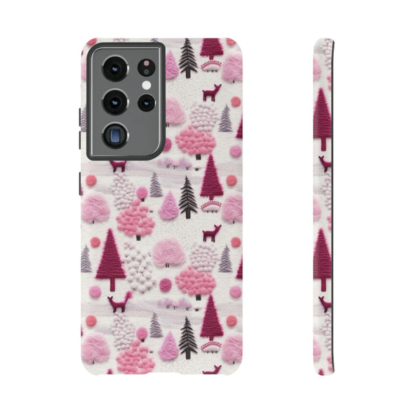 Pink Winter Woodland Aesthetic Embroidery Phone Case for iPhone, Samsung, Pixel