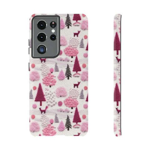 Pink Winter Woodland Aesthetic Embroidery Phone Case for iPhone, Samsung, Pixel