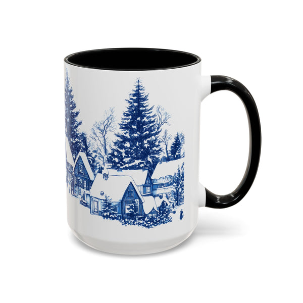 Blue Snowy Winter Village Mug - Holiday Christmas Art Cup for Coffee, Tea, Hot Cocoa