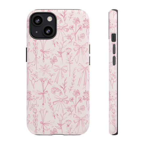 Pink Floral Bow Phone Case - Preppy Bows Protective Phone Cover for iPhone, Samsung, Pixel