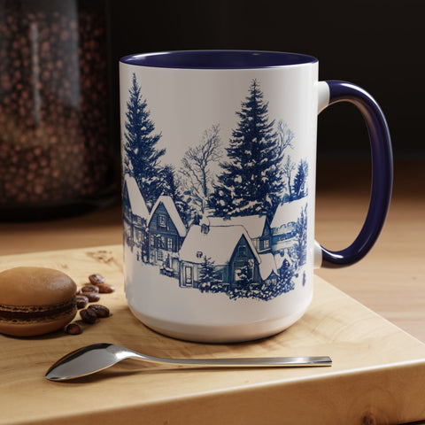 Blue Snowy Winter Village Mug - Holiday Christmas Art Cup for Coffee, Tea, Hot Cocoa
