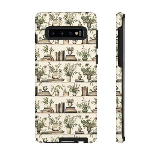 Bookshelf Phone Case - Neutral Beige Books and Plants Protective Cover for iPhone, Samsung, Pixel
