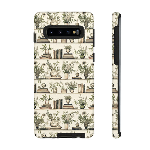 Bookshelf Phone Case - Neutral Beige Books and Plants Protective Cover for iPhone, Samsung, Pixel