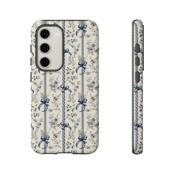 Blue Bow Phone Case - Vintage Floral Preppy Protective Phone Cover for iPhone, Samsung, Pixel