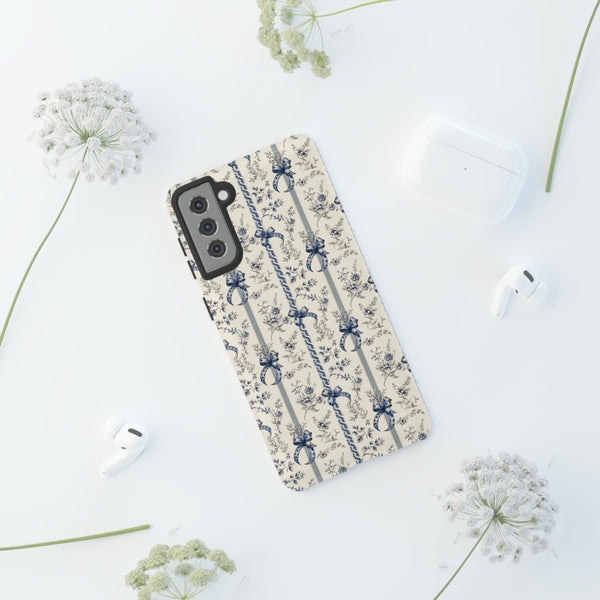 Blue Bow Phone Case - Vintage Floral Preppy Protective Phone Cover for iPhone, Samsung, Pixel