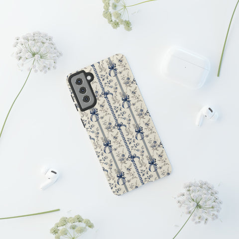 Blue Bow Phone Case - Vintage Floral Preppy Protective Phone Cover for iPhone, Samsung, Pixel