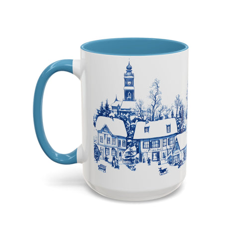 Blue Snowy Winter Village Mug - Holiday Christmas Art Cup for Coffee, Tea, Hot Cocoa