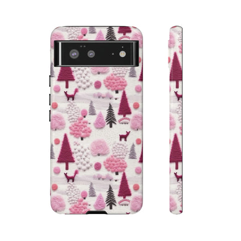 Pink Winter Woodland Aesthetic Embroidery Phone Case for iPhone, Samsung, Pixel