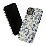 Bookshelf Phone Case - Blue and White Floral Books Protective Cover for iPhone, Samsung, Pixel