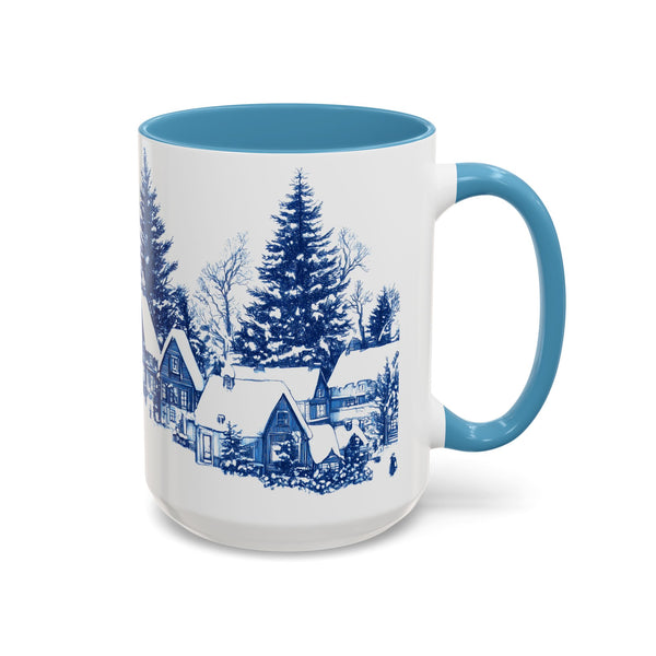 Blue Snowy Winter Village Mug - Holiday Christmas Art Cup for Coffee, Tea, Hot Cocoa
