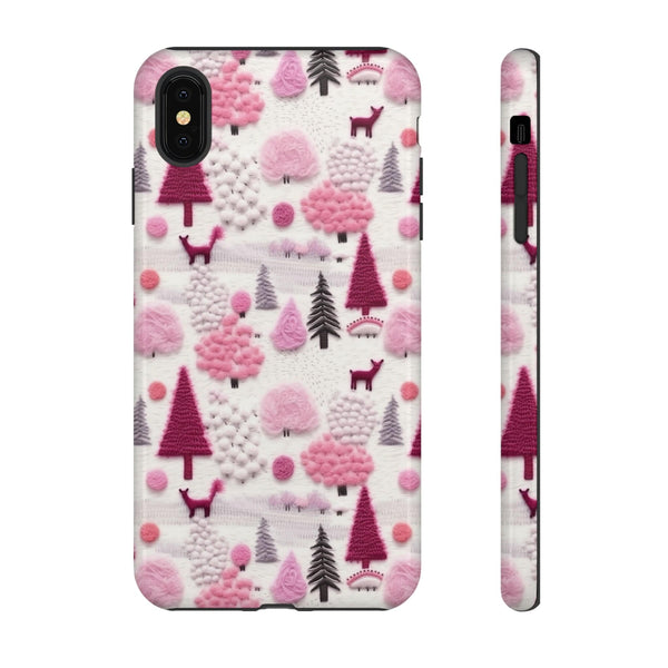 Pink Winter Woodland Aesthetic Embroidery Phone Case for iPhone, Samsung, Pixel
