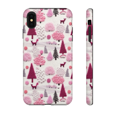 Pink Winter Woodland Aesthetic Embroidery Phone Case for iPhone, Samsung, Pixel