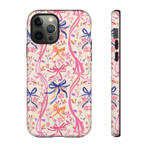 Whirly Bows Phone Case - Pink Preppy Flowers Protective Cover for iPhone, Samsung, Pixel