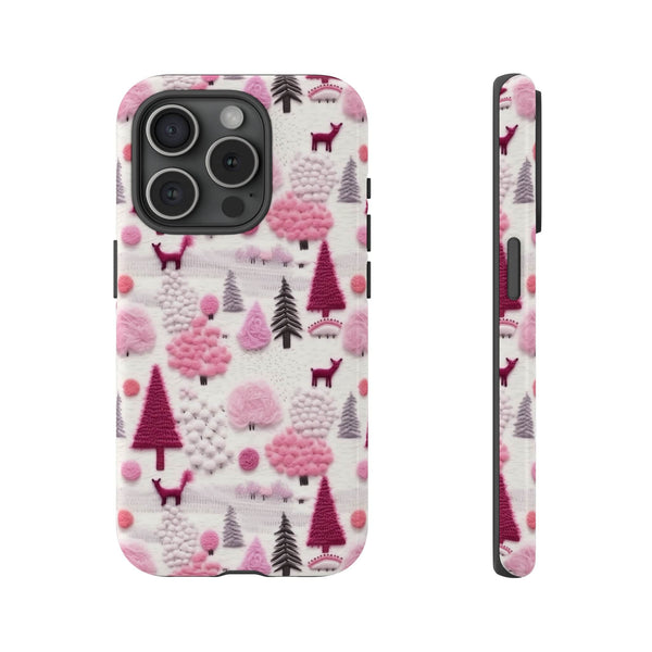 Pink Winter Woodland Aesthetic Embroidery Phone Case for iPhone, Samsung, Pixel