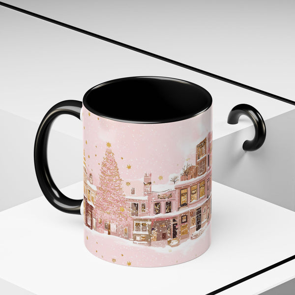 Pink Christmas Town Mug - Festive Holiday Village Art Cup for Coffee, Tea, Hot Chocolate
