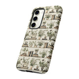 Bookshelf Phone Case - Neutral Beige Books and Plants Protective Cover for iPhone, Samsung, Pixel