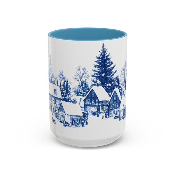 Blue Snowy Winter Village Mug - Holiday Christmas Art Cup for Coffee, Tea, Hot Cocoa