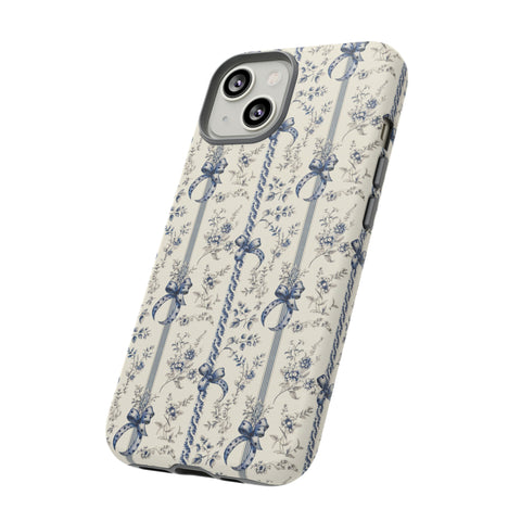 Blue Bow Phone Case - Vintage Floral Preppy Protective Phone Cover for iPhone, Samsung, Pixel