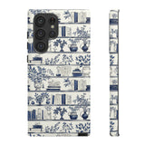 Bookshelf Phone Case - Blue and White Floral Books Protective Cover for iPhone, Samsung, Pixel