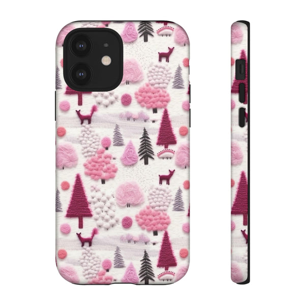 Pink Winter Woodland Aesthetic Embroidery Phone Case for iPhone, Samsung, Pixel