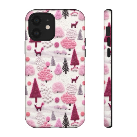 Pink Winter Woodland Aesthetic Embroidery Phone Case for iPhone, Samsung, Pixel