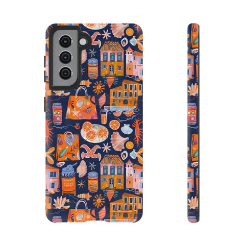 Citrus Coast Collage Phone Case - Blue Orange Trendy Coastal Art Protective Phone Cover for iPhone, Samsung, Pixel