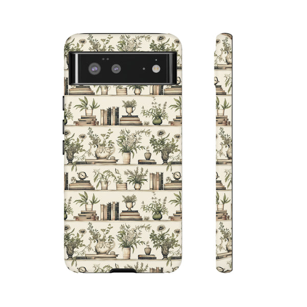 Bookshelf Phone Case - Neutral Beige Books and Plants Protective Cover for iPhone, Samsung, Pixel