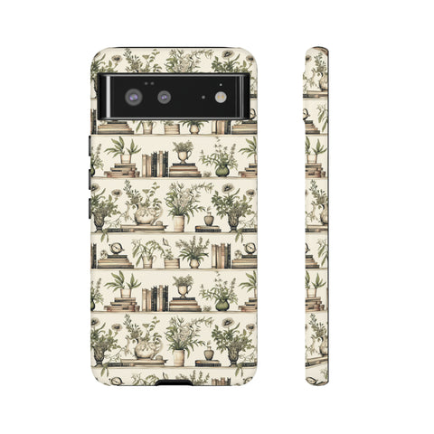Bookshelf Phone Case - Neutral Beige Books and Plants Protective Cover for iPhone, Samsung, Pixel