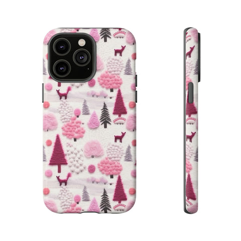Pink Winter Woodland Aesthetic Embroidery Phone Case for iPhone, Samsung, Pixel
