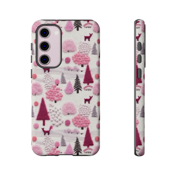 Pink Winter Woodland Aesthetic Embroidery Phone Case for iPhone, Samsung, Pixel