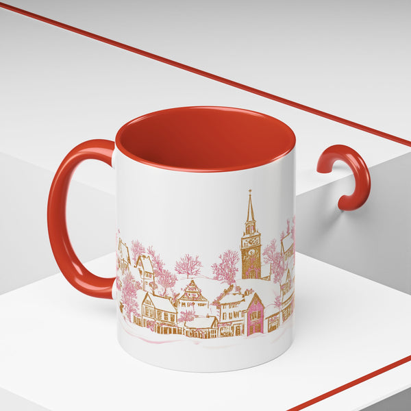 Pink Christmas Village Mug - Festive Aesthetic Holiday Cup for Coffee, Tea, Hot Cocoa