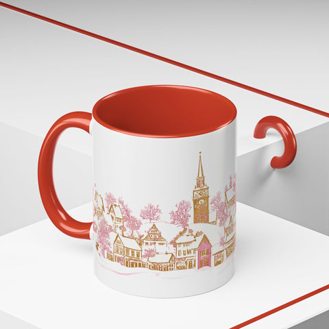 Pink Christmas Village Mug - Festive Aesthetic Holiday Cup for Coffee, Tea, Hot Cocoa