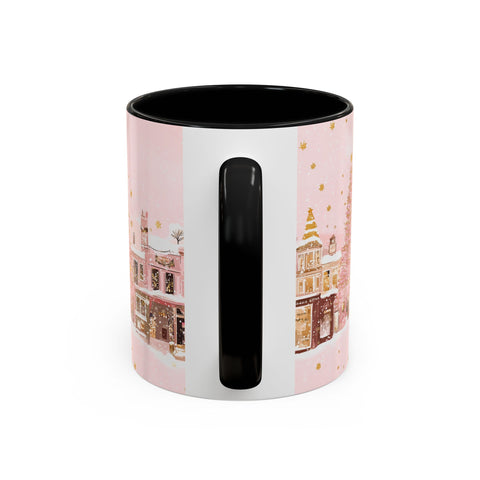 Pink Christmas Town Mug - Festive Holiday Village Art Cup for Coffee, Tea, Hot Chocolate